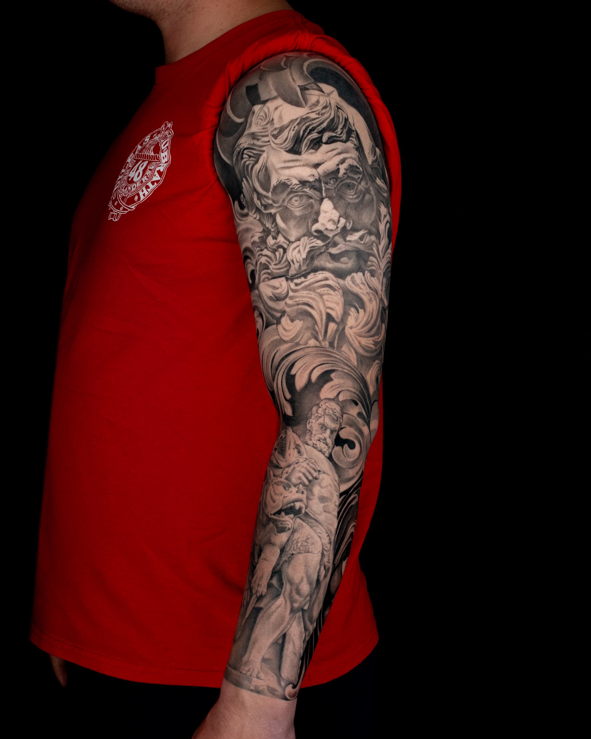 Greek mythology sleeve done at 46 tattoo toronto
