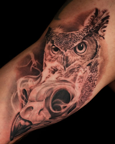 black and grey realism tattoo of an owl and skull done at 46 tattoo toronto