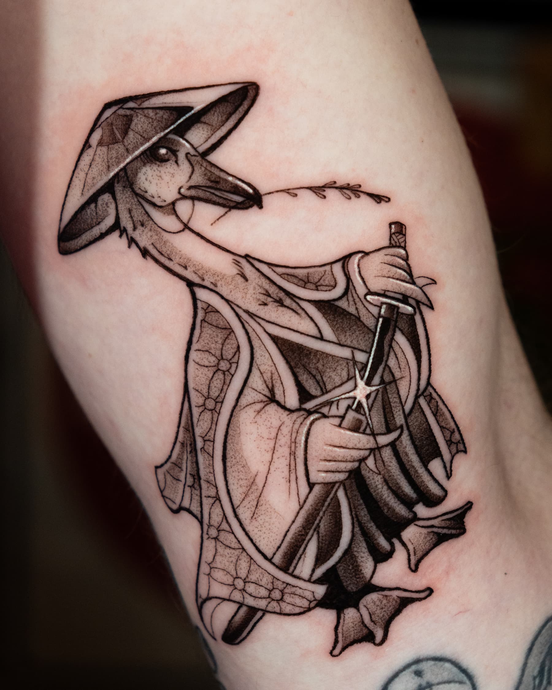 illustrative tattoo of a samurai goose done at 46 tattoo toronto