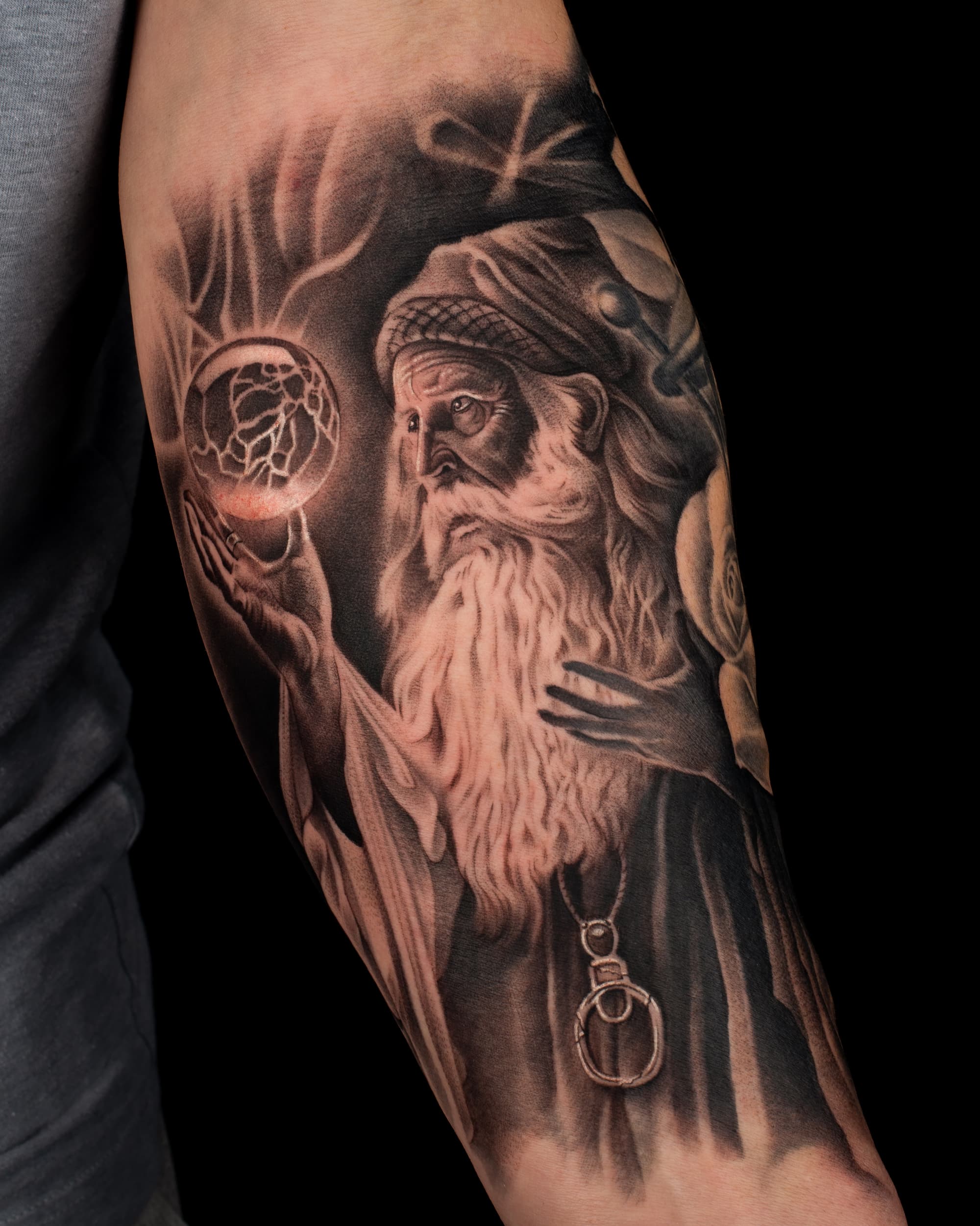 black and grey wizard tattoo done at 46 tattoo toronto